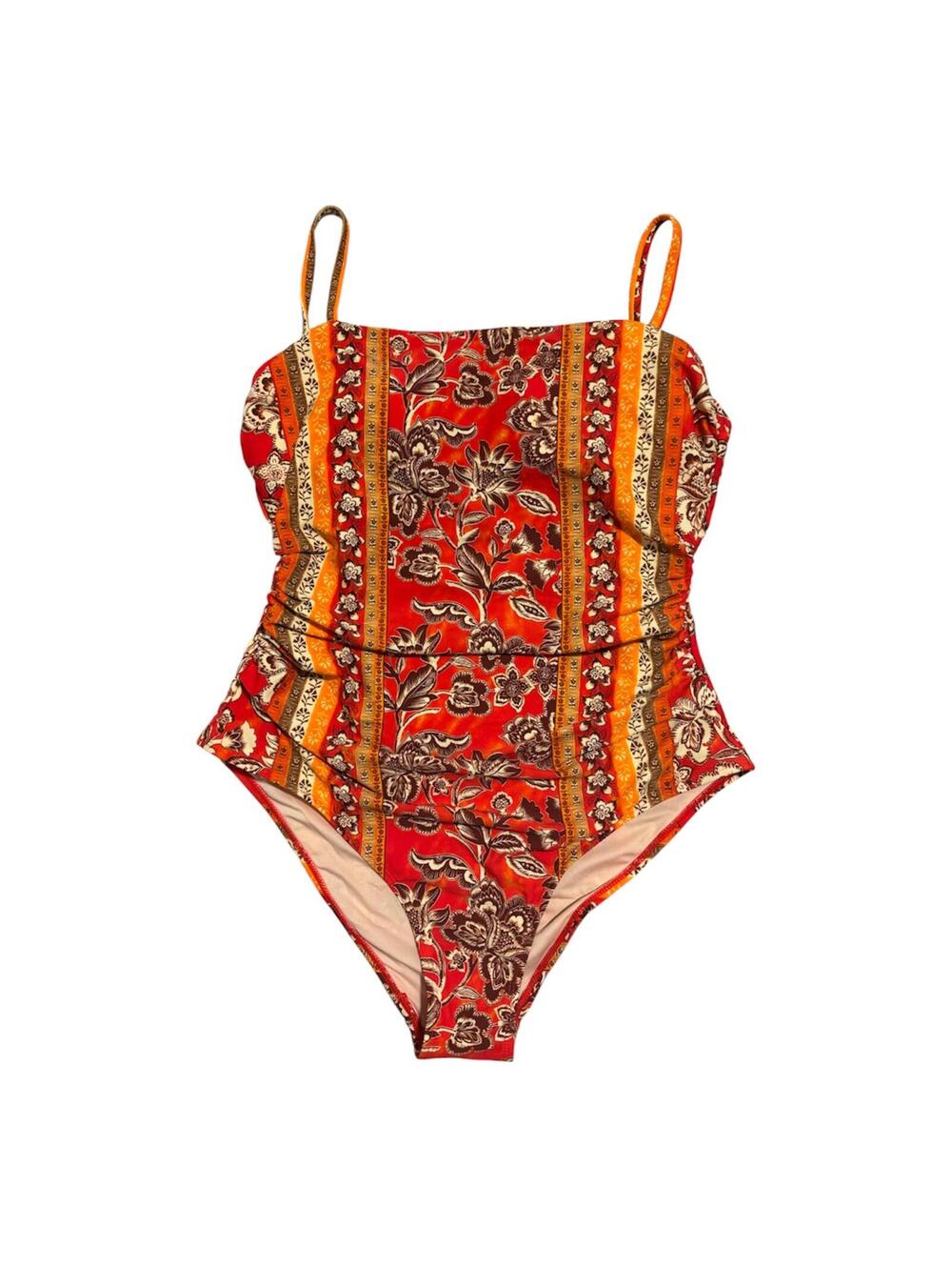 NWT Cupshe Tummy Contouring One-Piece Swimsuit Red Orange Floral Paisley Size XL